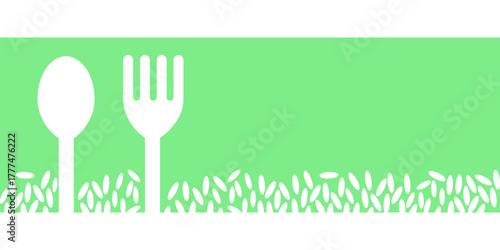 Minimal food background with spoon and fork silhouette on green banner, rice grain pattern decoration, isolated vector design