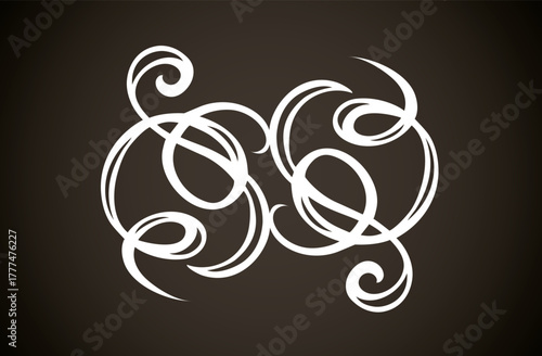 Old cute romantic book ribbon bow swirly tag swoosh element isolated on white paper card backdrop. Freehand black ink pen outline drawn curly corner sketchy in artistic rustic curlicue scrawl style