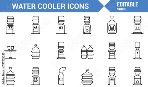 Clean outline vector icons of bottled water coolers for corporate and refreshment themes