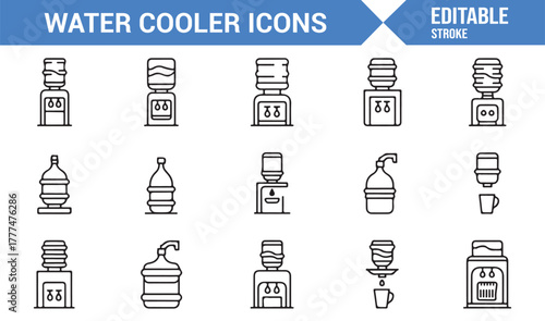 Modern line art icons of water dispensers and office hydration systems in editable vector style