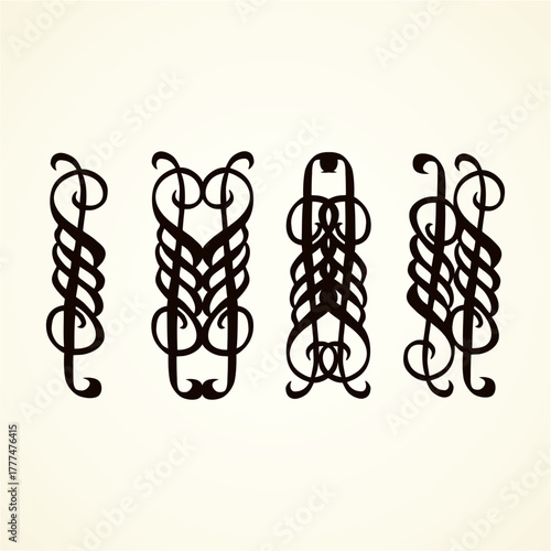 Old cute romantic book ribbon bow swirly tag swoosh element isolated on white paper card backdrop. Freehand black ink pen outline drawn curly corner sketchy in artistic rustic curlicue scrawl style