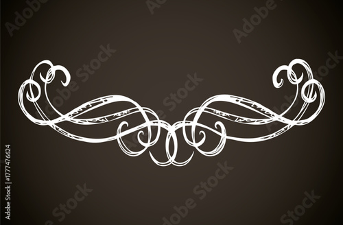 Old cute romantic book ribbon bow swirly tag swoosh element isolated on white paper card backdrop. Freehand black ink pen outline drawn curly corner sketchy in artistic rustic curlicue scrawl style