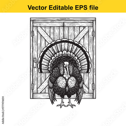 A detailed black and white illustration of a turkey with its tail feathers fanned out, standing in front of a rustic wooden barn door