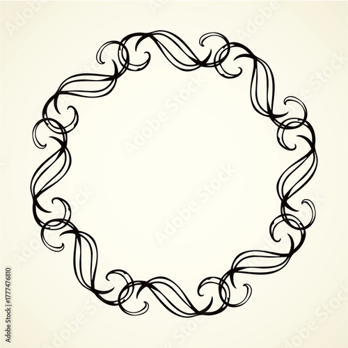 Old cute romantic book ribbon bow swirly tag swoosh element isolated on white paper card backdrop. Freehand black ink pen outline drawn curly corner sketchy in artistic rustic curlicue scrawl style