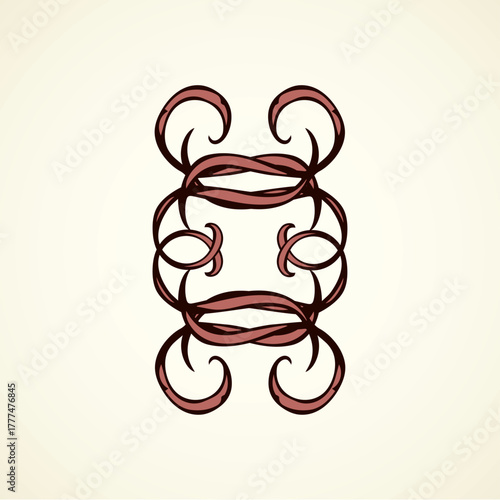 Old cute romantic book ribbon bow swirly tag swoosh element isolated on white paper card backdrop. Freehand black ink pen outline drawn curly corner sketchy in artistic rustic curlicue scrawl style