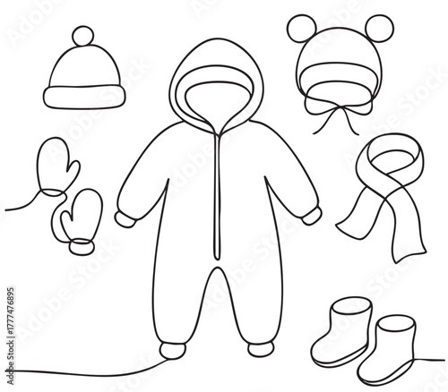 line sketch winter baby clothes set objects elements with pink overalls