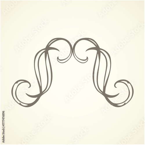 Old cute romantic book ribbon bow swirly tag swoosh element isolated on white paper card backdrop. Freehand black ink pen outline drawn curly corner sketchy in artistic rustic curlicue scrawl style