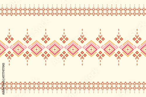 Ethnic Ikat embroidery oriental traditional Aztec floral paisley seamless pattern. Native textile geometric elements on white background. Tribal abstract style decor for fabric, ornaments, wallpaper