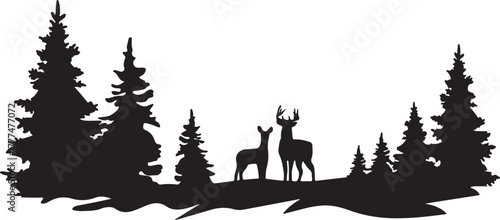 Vector white tail & doe in the forest. Vector illustration of a deer family silhouette, deer in the woods.
