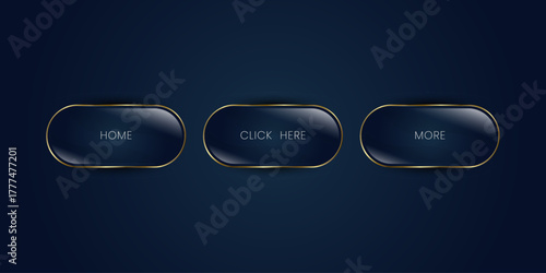 Set of web buttons in Sleek black luxury button with golden edges and elegant-Click Here-text, perfect for premium web interfaces. vector illustration