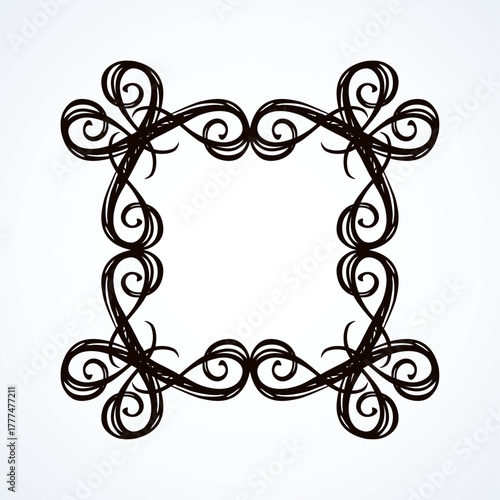 Old cute romantic book ribbon bow swirly tag swoosh element isolated on white paper card backdrop. Freehand black ink pen outline drawn curly corner sketchy in artistic rustic curlicue scrawl style