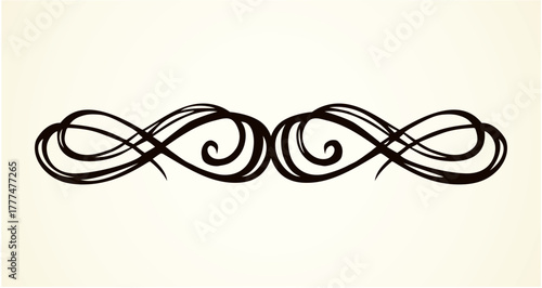Old cute romantic book ribbon bow swirly tag swoosh element isolated on white paper card backdrop. Freehand black ink pen outline drawn curly corner sketchy in artistic rustic curlicue scrawl style
