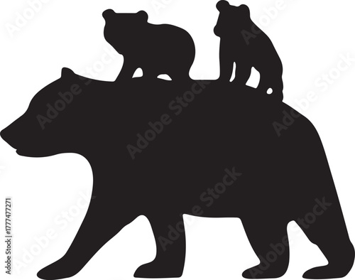 Vector Mama Bear with Bear Cubs. Vector illustration of a mama bear with bear cubs, Mother`s Day. Mama background.
