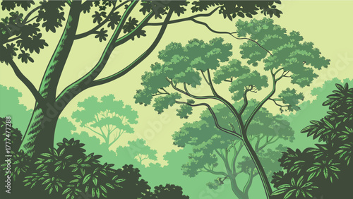 Lush Tropical or Rainforest Illustration with Dense Green Foliage and Trees