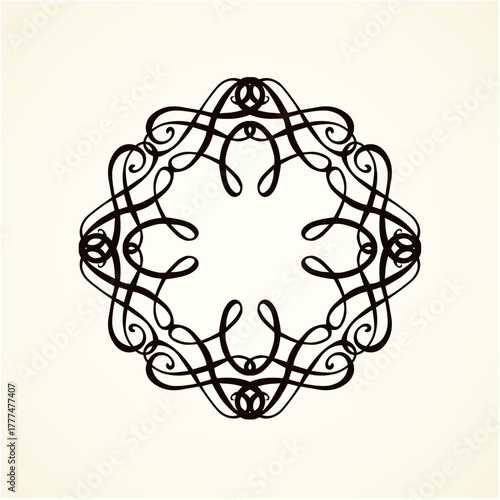 Old cute romantic book ribbon bow swirly tag swoosh element isolated on white paper card backdrop. Freehand black ink pen outline drawn curly corner sketchy in artistic rustic curlicue scrawl style