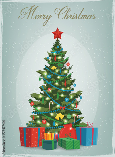 Christmas tree with decorations and gift boxes. Holiday background. Merry Christmas and Happy New Year. Vector illustration
