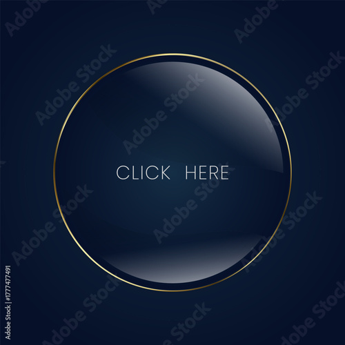 Glossy black circle button framed in gold, exuding elegance and exclusivity in a dark, stylish layout.web buttons in Sleek black luxury button with golden edges