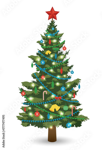 Christmas tree with decorations and gift boxes. Holiday background. Merry Christmas and Happy New Year. Vector illustration