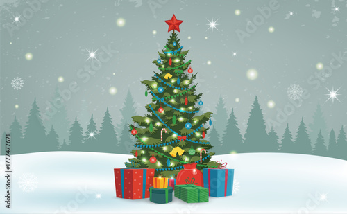 Christmas tree with decorations and gift boxes. Holiday background. Merry Christmas and Happy New Year. Vector illustration