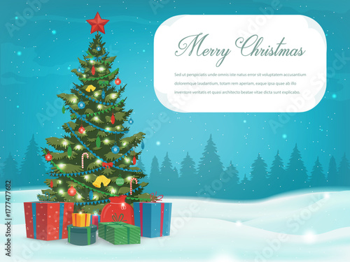 Christmas tree with decorations and gift boxes. Holiday background. Merry Christmas and Happy New Year. Vector illustration