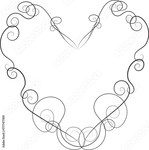 Elegant ornate line art heart frame created from fine, swirling filigree vines and elaborate scrolls, perfect for a monochromatic wedding invitation border or romantic certificate template.