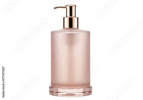 Isolated rose gold frosted glass dispenser bottle for soap or lotion, contemporary design