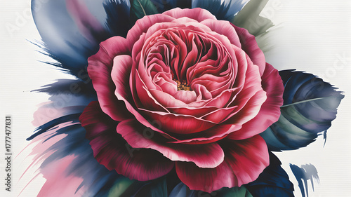 Vibrant pink rose blossom with unfolding petals and abstract blue foliage isolated on transparent background