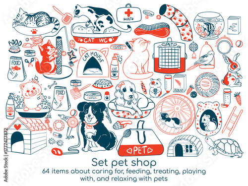 Vector set of pet supplies. Collection of pet care products. Graphic elements for feeding, treatment, care, games, and recreation for puppies, kittens, turtles, fish, rabbits, parrots and rodents