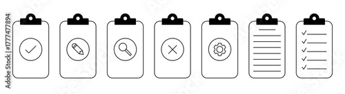 Clipboard icon set with checklist, checkmarks, document, gear, pencil line icons, editable stroke, isolated vector illustration.