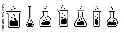 Lab flask icon set. Chemical test tube collection. Сhemistry and biology symbol. Experiment flasks, laboratory glassware, or beaker equipment icons. Health medical lab logo.