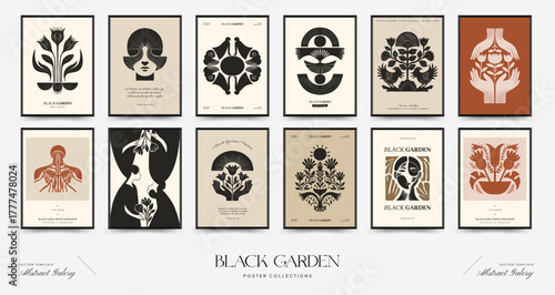 Abstract vector poster collection with stylized botanical and human motifs in minimalist symmetrical compositions