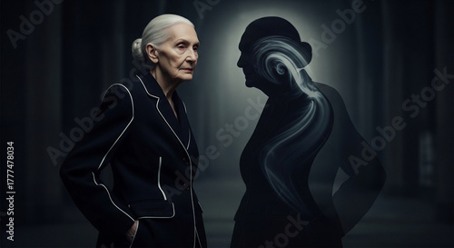 Elderly woman standing confidently beside her artistic alter ego in a dramatic setting