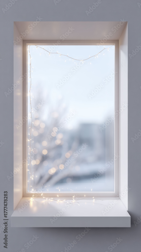 Obraz premium Peaceful winter scene from window looking at blurry snow landscape. cozy home interior with holiday light decoration on white frame, creating serene background