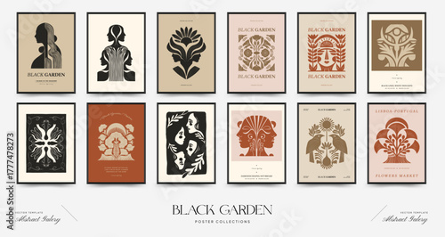 Abstract vector poster collection with stylized botanical and human motifs in minimalist symmetrical compositions