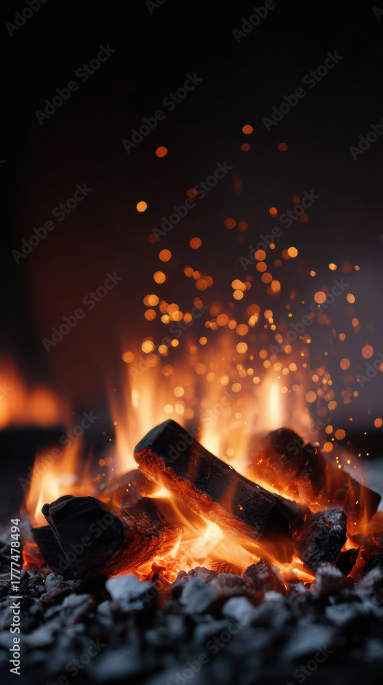 Fototapeta premium Mesmerizing close up of warm fire with burning wood log. hot flame and glowing ember create bright spark in dark night, feeling very cozy and relaxing