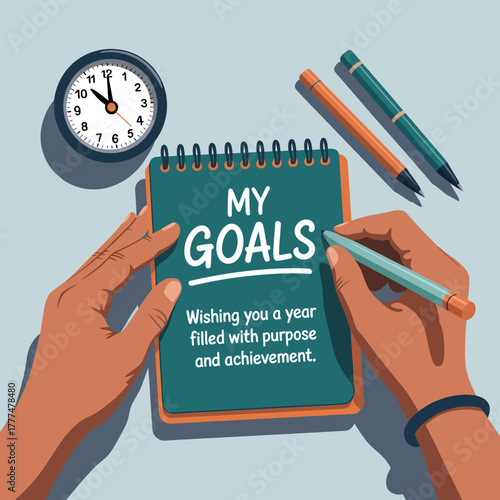 This engaging visual features a goal-oriented notebook with hands holding a pencil, complemented by a clock and pens, encapsulating the essence of planning and inspiration.