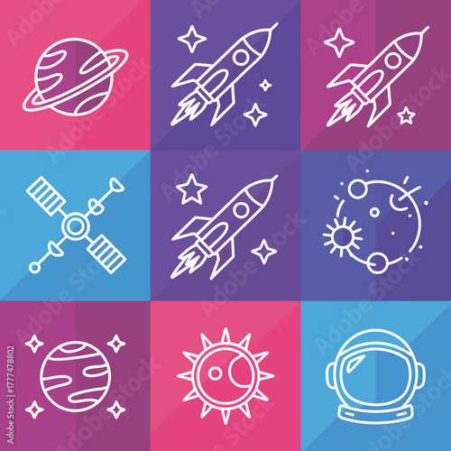 This visually engaging image showcases a range of space exploration icons, including rockets, planets, and a satellite, designed with a modern graphic style.