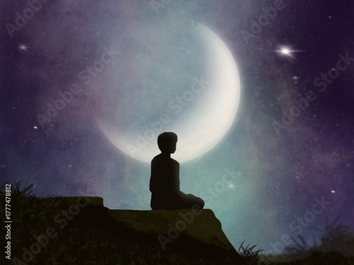 Silhouette of a person meditating under a crescent moon at night. A digital painting symbolizing mental wellness, inner peace, mindfulness, and emotional balance in a calm cosmi