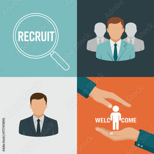 A refined and elegant representation of the recruitment process, featuring illustrations that embody professionalism and a strong focus on welcoming new talent into teams.