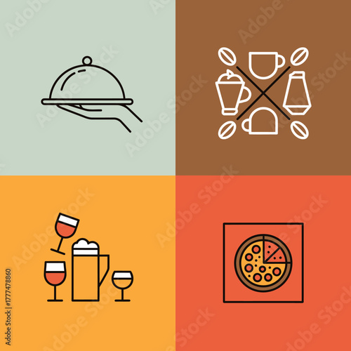 This image presents iconic representations of dining and beverages, emphasizing the joy of social gatherings and culinary experiences through a beautifully crafted design.