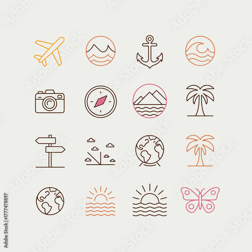 The image presents minimalistic travel icons including an airplane and compass ideal for design projects focused on tourism, adventure, and exploration themes.