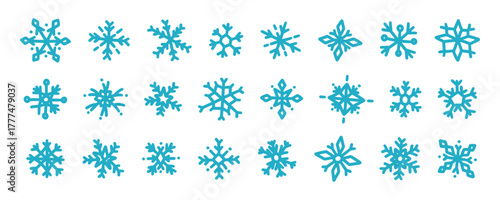 Doodle blue snowflakes set. Simple hand drawn snow flakes. Winter atmosphere. Collection snowflake icons, crystal ornament. Design element for new year, christmas cards. Winter vector illustrations.