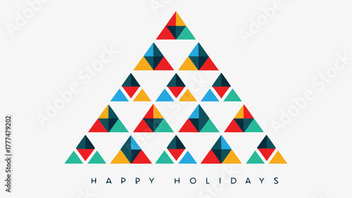 Modern geometric christmas tree design featuring colorful triangles and happy holidays greeting