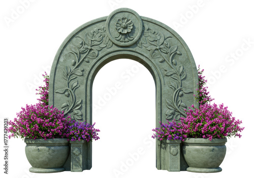 Isolated Archway with Flowers in Planters - Stone Floral Arch Structure, Garden Decor