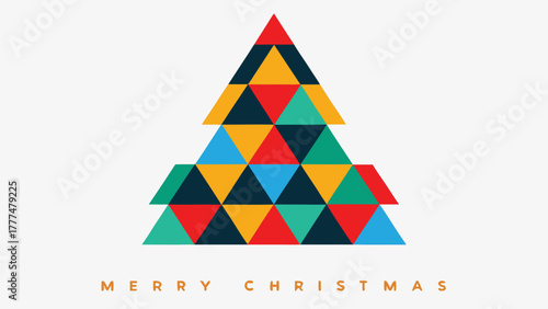 Modern geometric christmas tree design with colorful triangles and merry christmas greeting