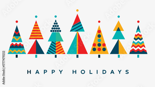 A cheerful collection of abstract geometric christmas trees in vibrant colors with a happy holidays message