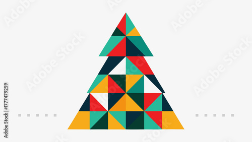 Abstract geometric christmas tree design featuring a mosaic of colorful triangles on a white background