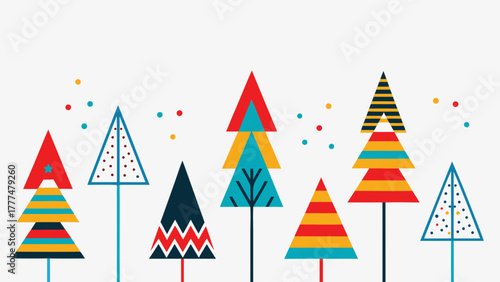 Whimsical geometric christmas trees with festive colorful confetti dots and star accent