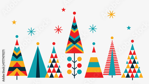 Whimsical mid century modern christmas trees and stars in a festive geometric pattern