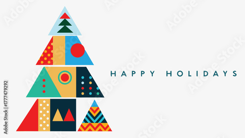 Modern geometric christmas tree design with happy holidays text and abstract festive patterns